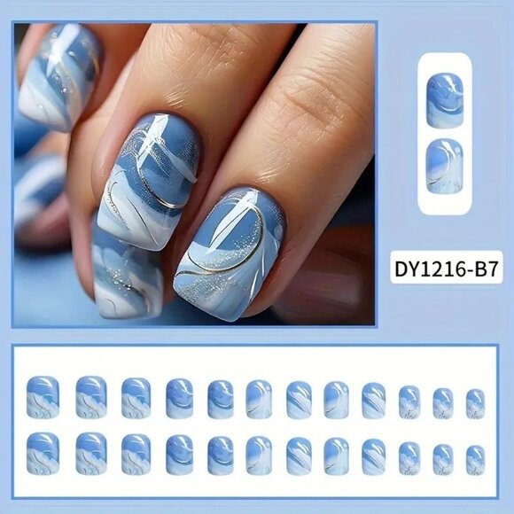 Nails Blue Wave Swirls Glitter Press On 24 Stylish Glam Trendy Reusable Sexy Fun - Picture 2 of 5
